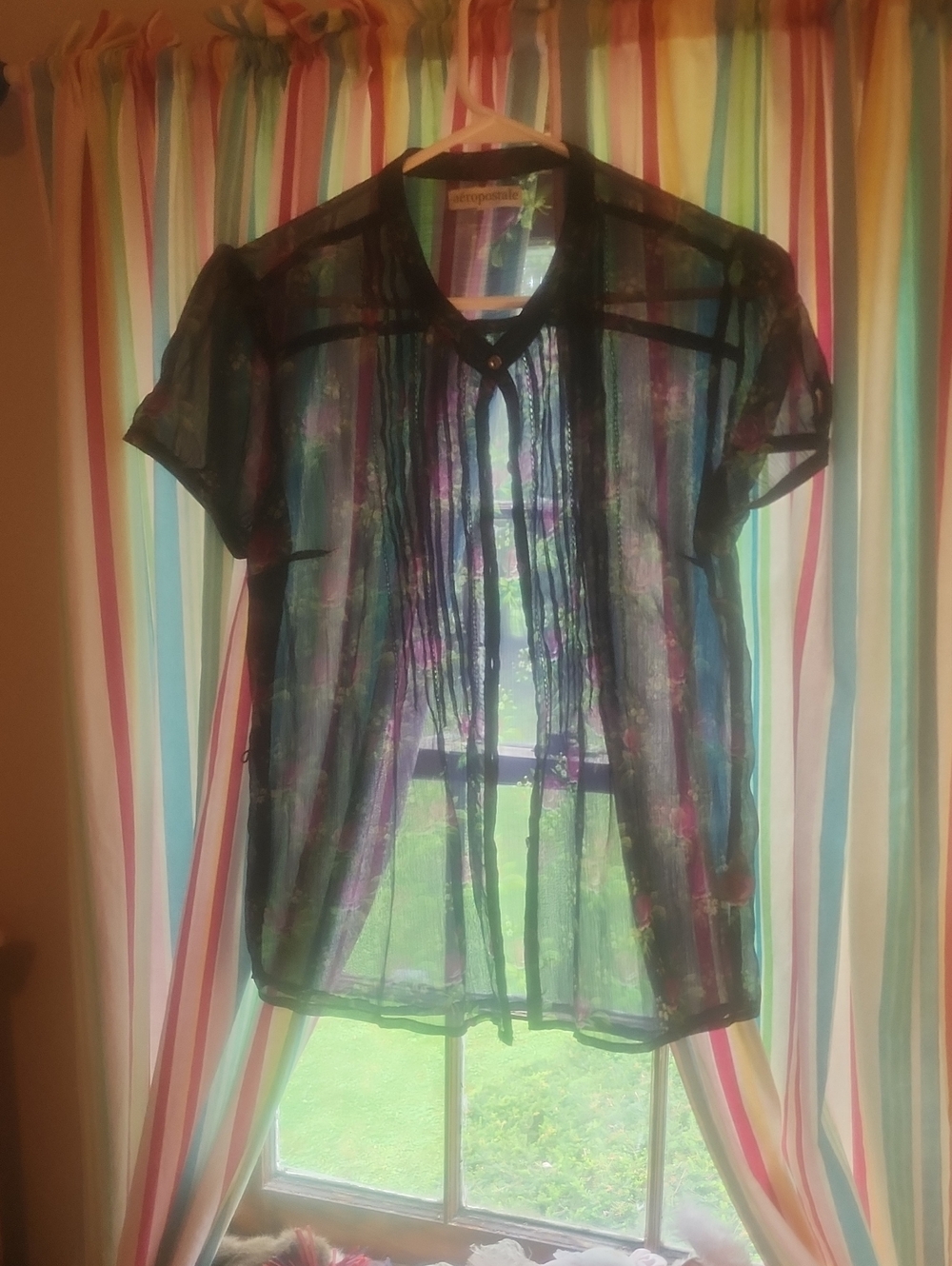 Sheer Floral Short-Sleeve Blouse - Black with Multicolor Accents